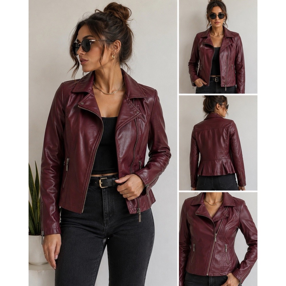 JouJou Faux Leather Moto Jacket Asymmetrical Hem Zip Peplum Medium Rocker